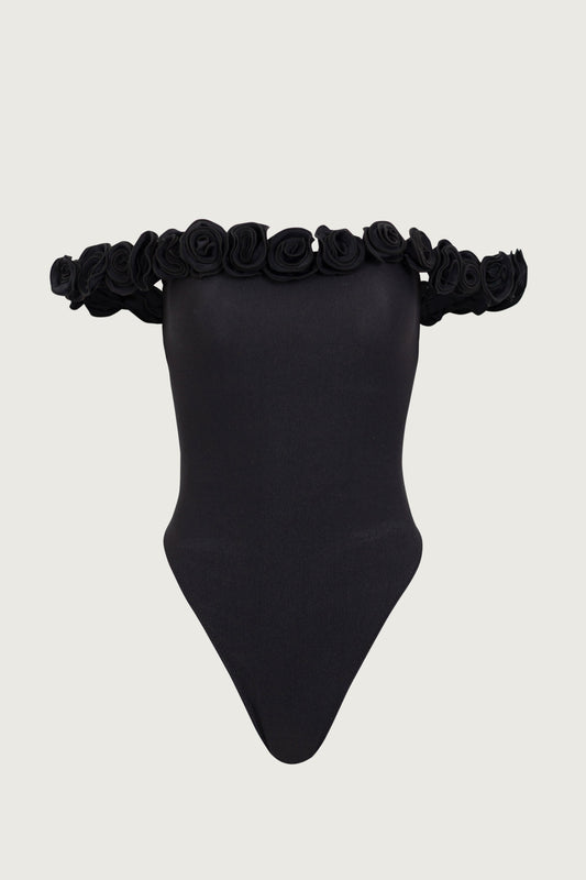 Rosette Off Shoulder One Piece (Black/Black)