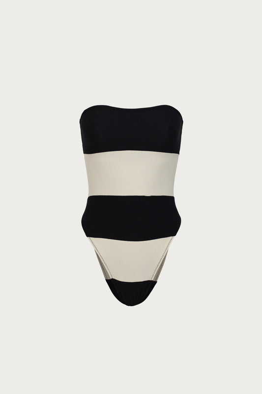 Stripe Strapless One Piece (Black/Cream)