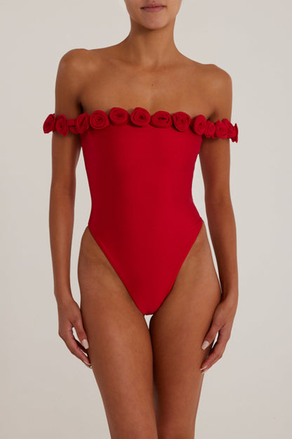 Rosette Off Shoulder One Piece (Scarlet Red/Red)